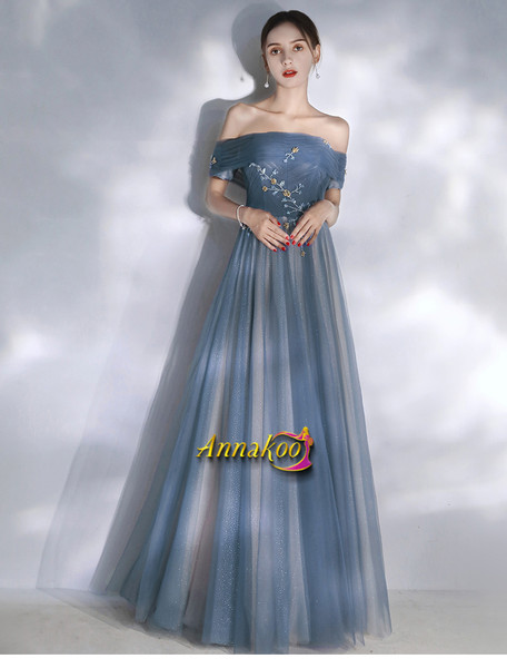 Shop 2021 Off The Shoulder Tulle Blue Flower Appliques Lace Up Prom Dress Under 148