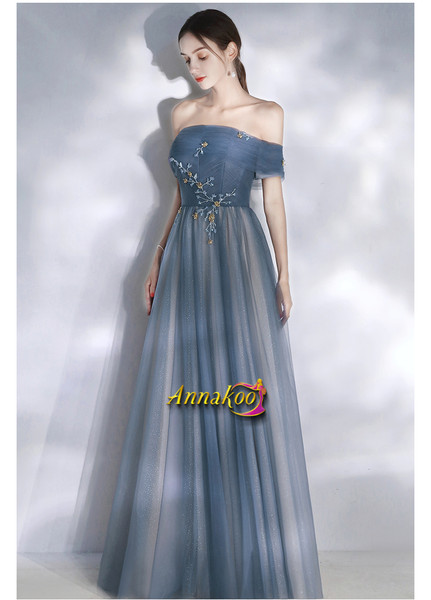 Off The Shoulder Tulle Blue Flower Appliques Lace Up Prom Dress