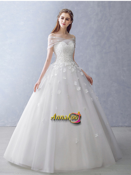 Shop 2021 Off The Shoulder Flower Appliques Tulle Ball Gown Wedding Dress Under 148