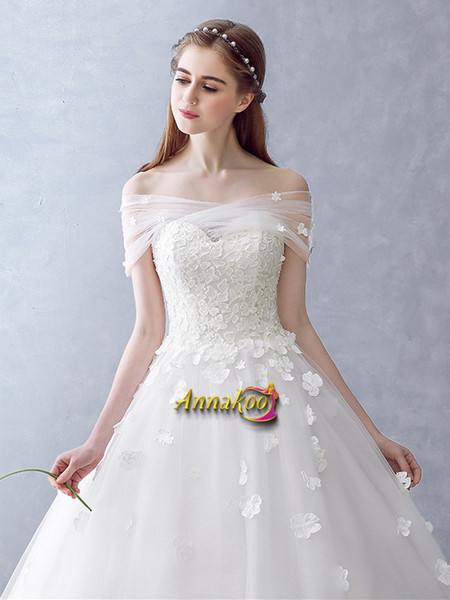 Shop 2021 Off The Shoulder Flower Appliques Tulle Ball Gown Wedding Dress Under 148