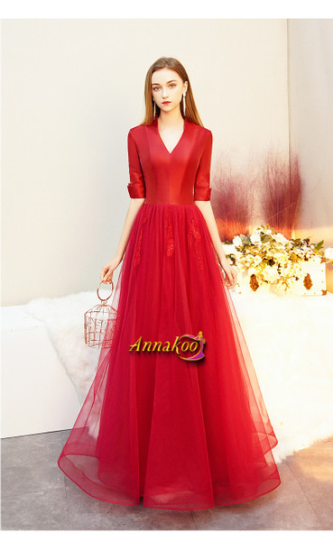 Red Half Sleeve Satin And Tulle Beading V Neck Prom Dress