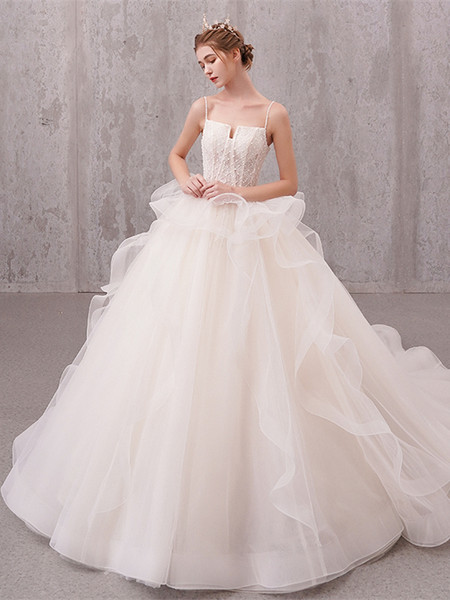 Shop 2021 Spaghetti Straps Beading Ball Gown Lace Up Ruffles Wedding Dress Under 299