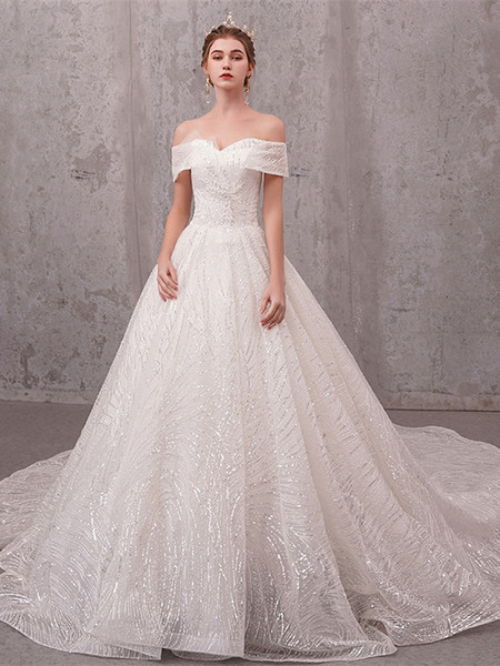 Shop 2021 Off The Shoulder Sparkle Bling Bling Lace Up Chapel Train Wedding Dress Under 375