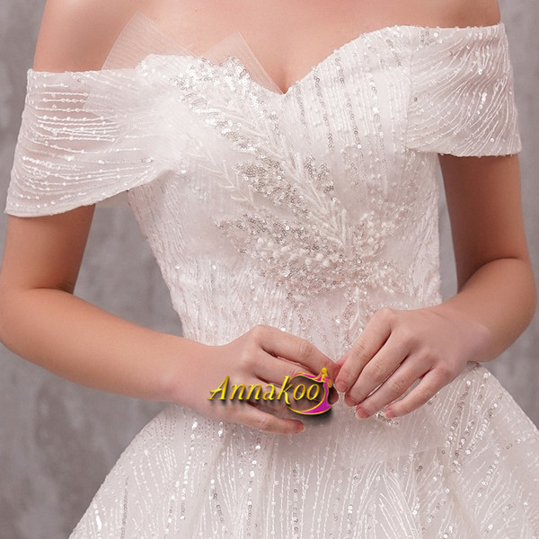 Shop 2021 Off The Shoulder Sparkle Bling Bling Lace Up Chapel Train Wedding Dress Under 375