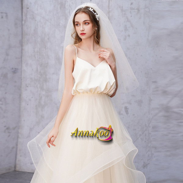 Champagne Tulle A Line Spaghetti Straps Lace Up Ruffles Wedding Dress