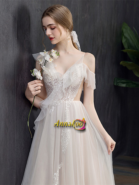 Shop 2021 V Neck Short Sleeve Tulle Appliques Backless Wedding Dress From Annakoo