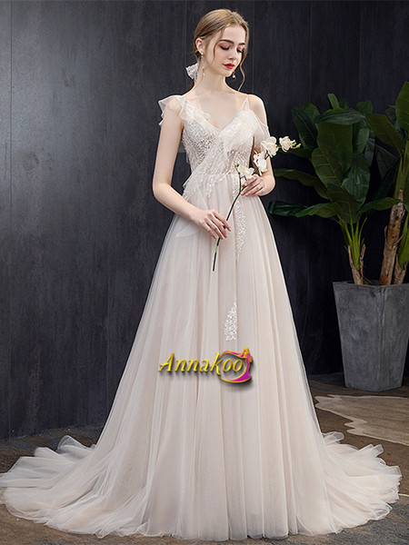 Shop 2021 V Neck Short Sleeve Tulle Appliques Backless Wedding Dress From Annakoo