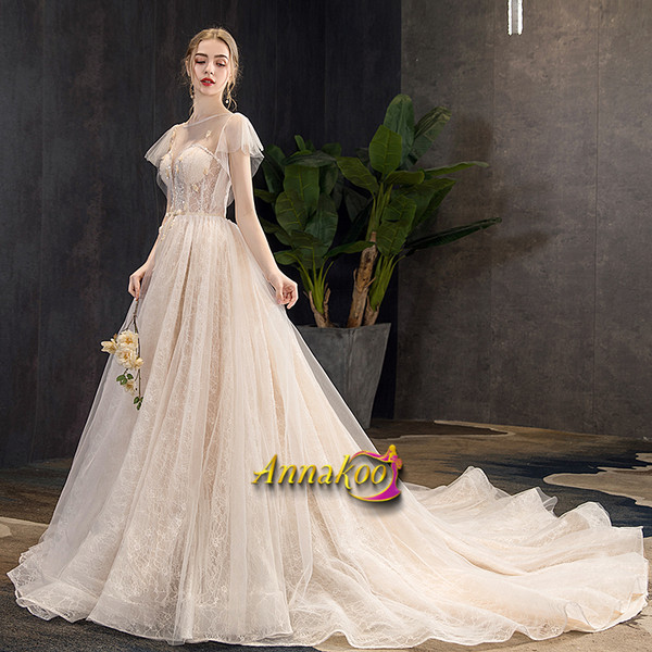 Shop 2021  Cap Sleeve See Through Champagne Appliques A Line Wedding Dress Under 287