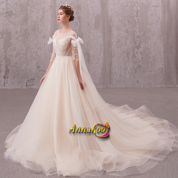 Shop 2021 Half Sleeve Scoop See Through Backless Appliques Wedding Dress Under 280