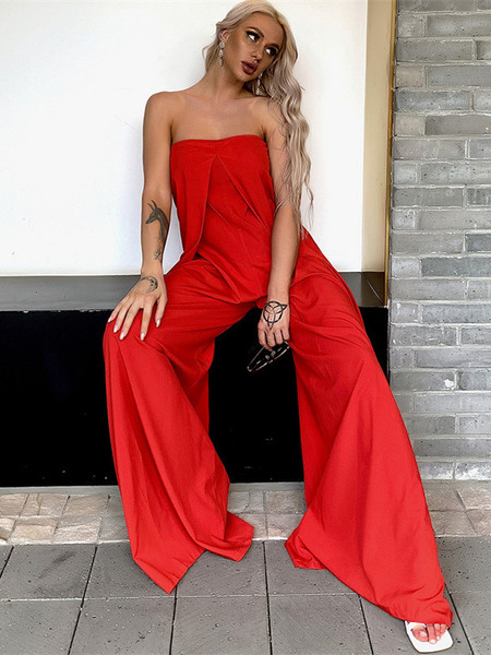 Shop 2021 Red Sexy Spandex Strapless Prom Party Jumpsuit With Pocket Under 88