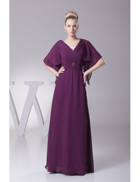 V Neck Grape Mother Of The Brides Dress with Sleeve Jacket