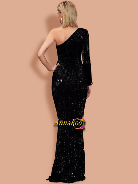Shop 2021 Black One Shoulder Long Sleeve Sequin Mermaid Prom Dress Under 98