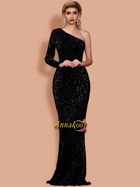 Shop 2021 Black One Shoulder Long Sleeve Sequin Mermaid Prom Dress Under 98