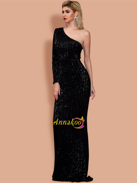 Black One Shoulder Long Sleeve Sequin Mermaid Prom Dress