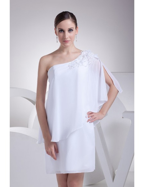 Beaded One Shoulder White Chiffon Short Mother Of Groom Dress