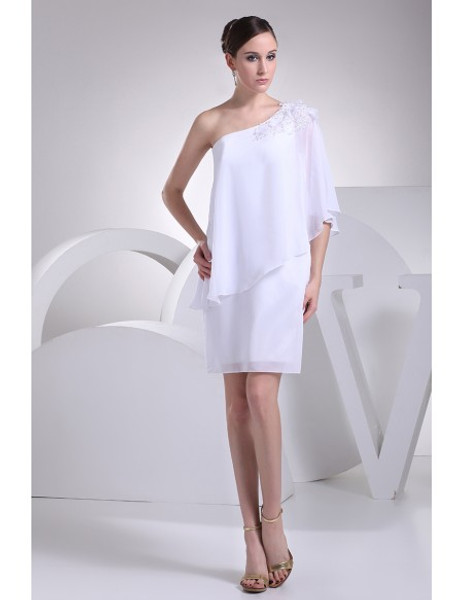 Beaded One Shoulder White Chiffon Short Mother Of Groom Dress