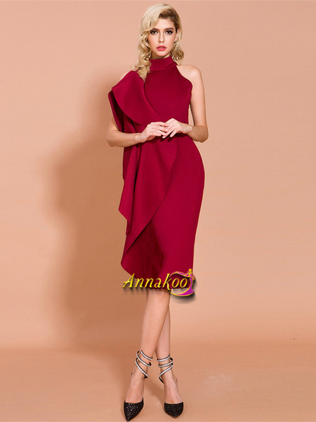 Burgundy High Neck Spandex Sheath Column Short Mini Cocktail Dress