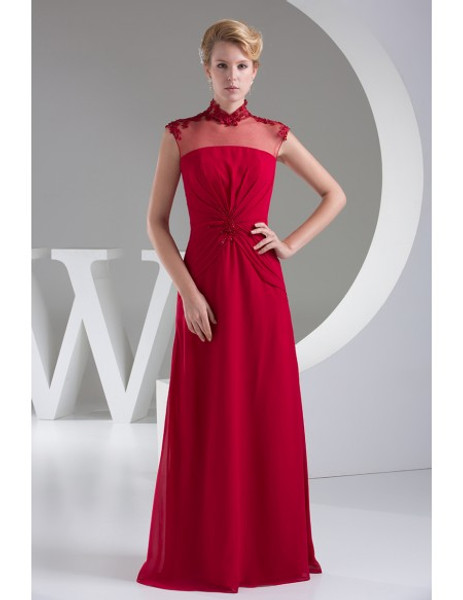 High Neck Lace Chiffon Red Long Mother of Bride Dress
