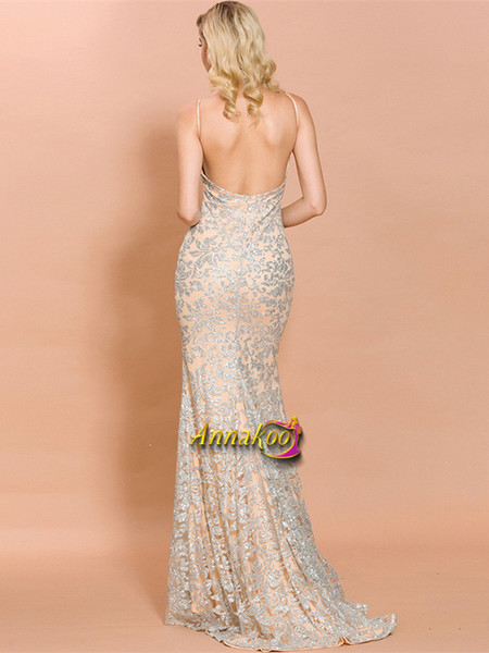 Shop 2021 Champagne Silver Appliques Spaghetti Straps Sequin Mermaid Prom Dresses Under 79