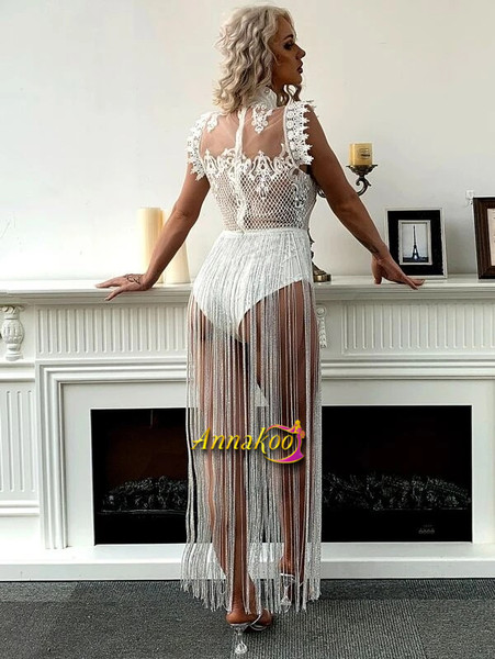 Shop 2021 High Neck Lace Appliques Sexy Fringe Mesh Romper Prom Dress Under 59