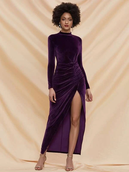 Shop 2021 High Neck Long Sleeve Velvet Ruched Split Thigh Purple Prom Dress Under 65