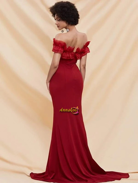 Shop 2021 Off The Shoulder Spandex Red Ruffle Trim Maxi Prom Dress Under 59