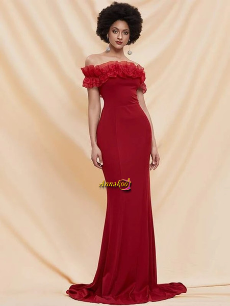 Off The Shoulder Spandex Red Ruffle Trim Maxi Prom Dress