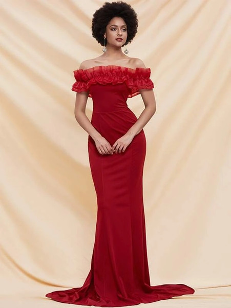 Shop 2021 Off The Shoulder Spandex Red Ruffle Trim Maxi Prom Dress Under 59