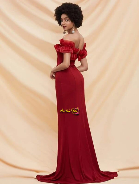 Shop 2021 Off The Shoulder Spandex Red Ruffle Trim Maxi Prom Dress Under 59