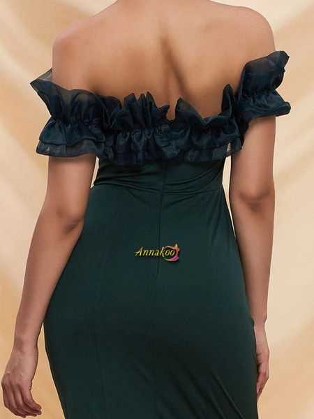 Shop 2021 Off The Shoulder Spandex Dark Green Ruffle Trim Maxi Prom Dress Under 59
