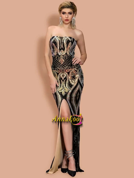 Gold 2021 Gold Strapless Split Thigh Geo Sequin Tube Bodycon Prom Dress Under 79