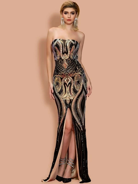 Gold 2021 Gold Strapless Split Thigh Geo Sequin Tube Bodycon Prom Dress Under 79