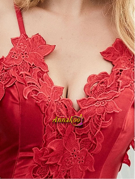 Shop 2021 Red Sleeveless Mermaid Backless Guipure Lace Trim Satin Prom Dress Under 68