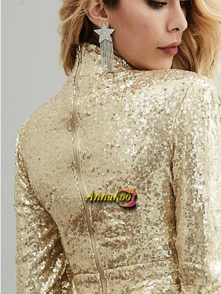 Gold Zip Back Cut Out Sequin Bodysuit Prom Dress