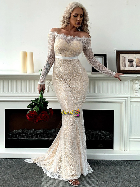 Shop 2021 Champagne Off The Shoulder Long Sleeve Ribbon Waist Lace Mermaid Prom Dress Under 59