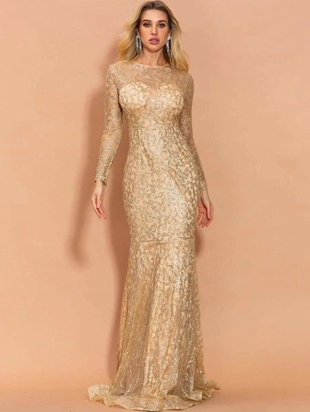 Gold Long Sleeve Glitter Mesh Overlay Fishtail Hem Prom Dress
