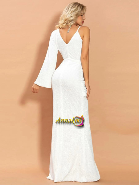 Shop 2021 White Long Sleeve Plunging Neck Split Thigh Sequin Prom Dress Under 77