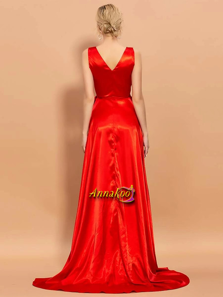 Shop 2021 Red Satin Plunging Neck Wrap Belted Satin Prom Dress With Slit Under 66