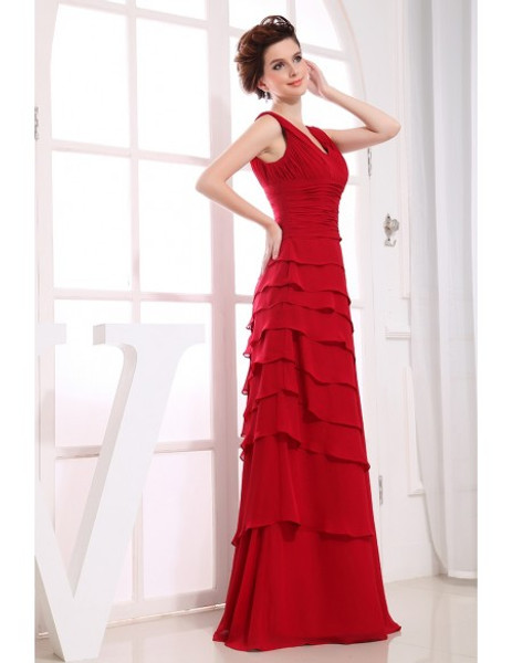 Red A-line V-neck Long Chiffon Mother Of The Bride Dress