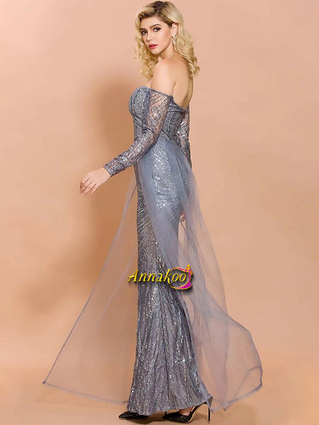 Silver Long Sleeves Off Shoulder Sequin Mesh Bodycon Prom Dress