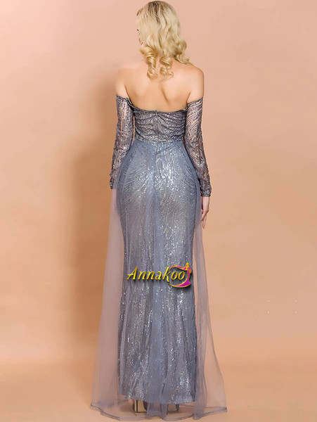 Shop 2021 Silver Long Sleeves Off Shoulder Sequin Mesh Bodycon Prom Dress Under 75