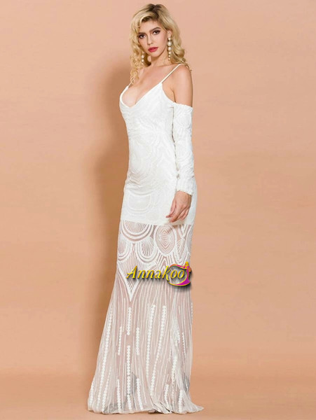 White Long Sleeve Cold Shoulder Sequin Mesh Bodycon Prom Dress