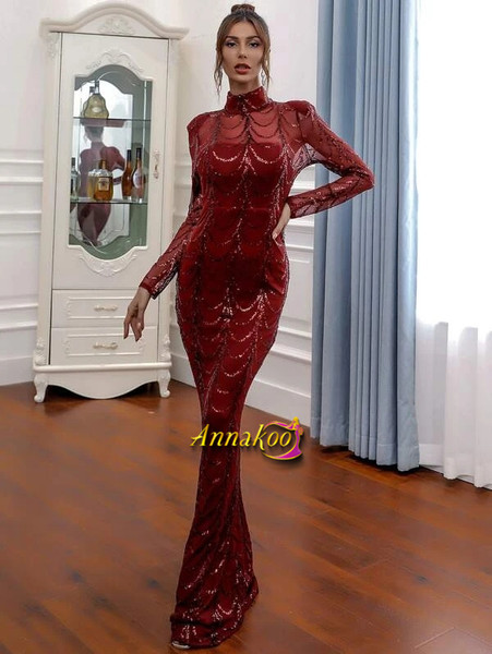Shop 2021 Long Sleeve Burgundy Mock-neck Sequin Mermaid Prom Dress Under 69