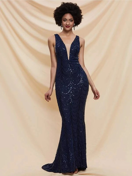 Shop 2021 Sexy Long Blue Plunge Neck Sequin Prom Dress Under 69