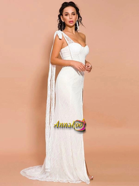 Shop 2021 White Split Thigh Asymmetrical Neck Maxi Prom Dress Under 69