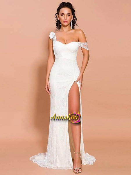 White Split Thigh Asymmetrical Neck Maxi Prom Dress