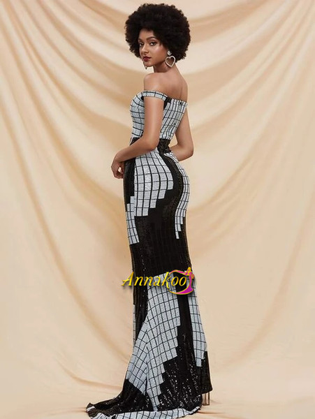 Shop 2021 Black & Silver Off The Shoulder Sequin Sheath Column Prom Dress Under 69