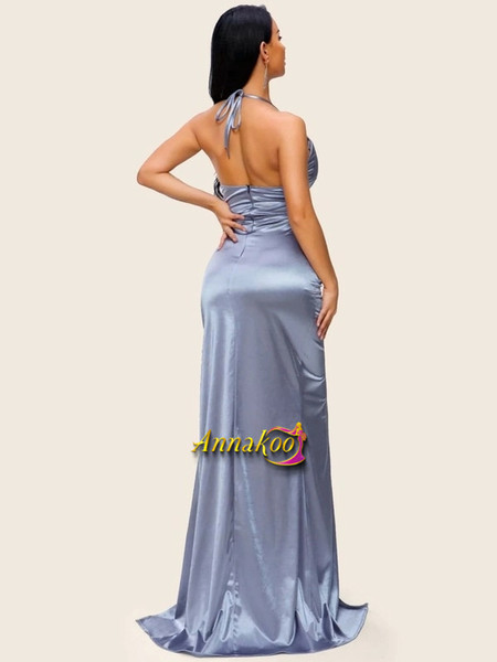 Buy 2021 Silver Satin Split Thigh Ruched Maxi Halter Prom Dress Under 49