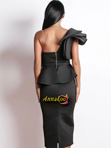 Unique Black Ruffle One Shoulder Peplum Pencil Prom Dress