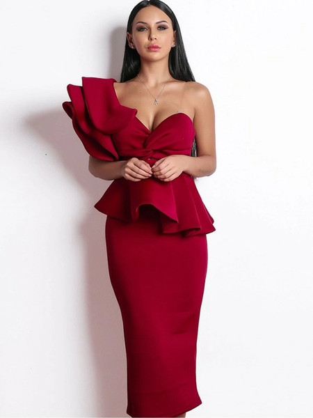 Shop 2021 Unique Burgundy Ruffle One Shoulder Peplum Pencil Prom Dress Under 68